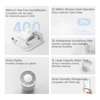 New MIJIA Smart Evaporative Humidifier for Bedroom, 400mL/h No White Dust for Sensitive Individuals & Kids, Constant Humidity Control, Ultra Quiet Sleep Mode, Easy Clean Tank for Bedroom, Kids Room